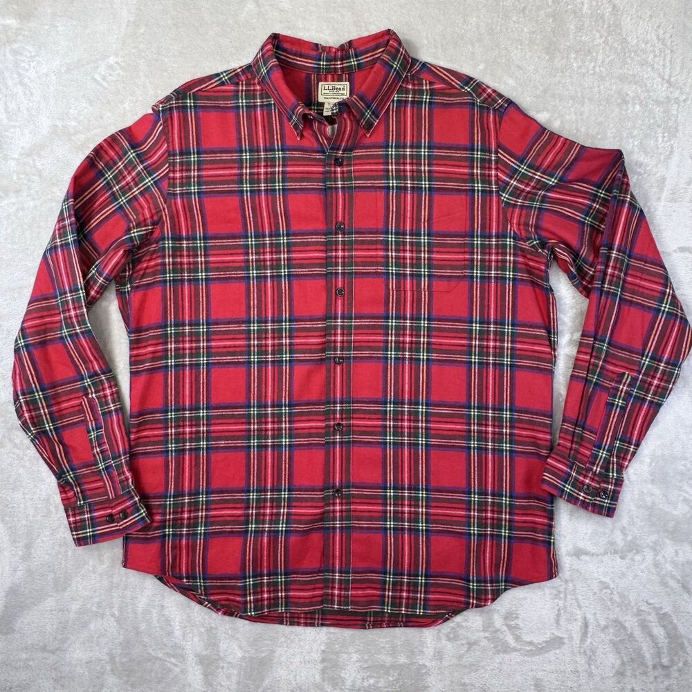 LL Bean Scotch Plaid Flannel Shirt Royal Stewart Tartan Red Green Large NWT